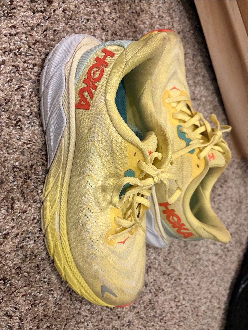 Hoka Women's Yellow Running Shoes with Coral Logo and Teal Accents
